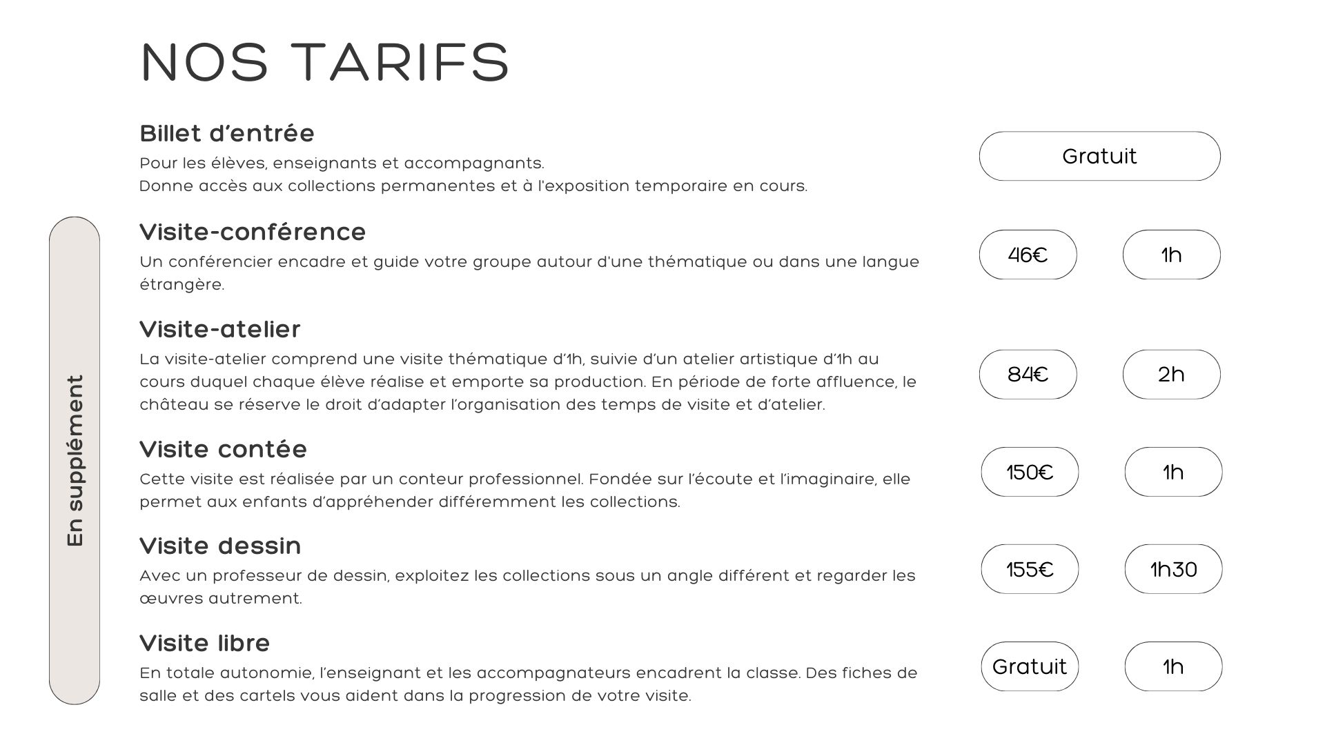 Tarifs - groupes scolaires