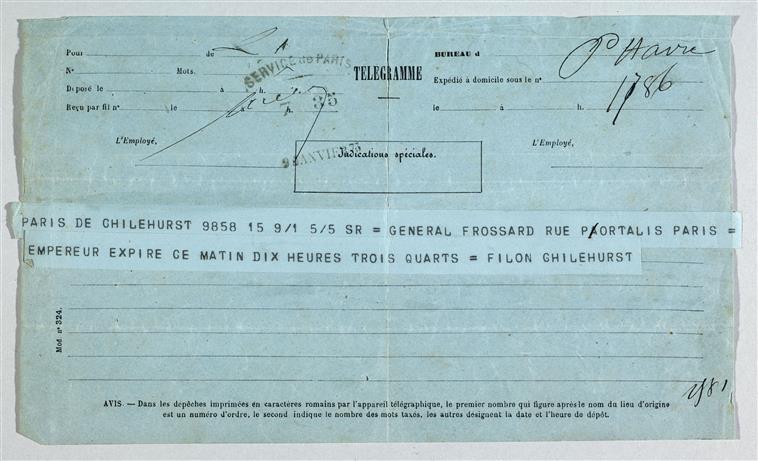 Télégramme annonçant la mort de Napoléon III