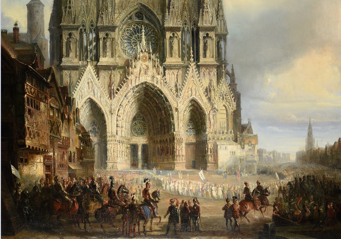 La Façade de la Cathédrale de Reims avec une procession médiévale et un cortège au premier plan